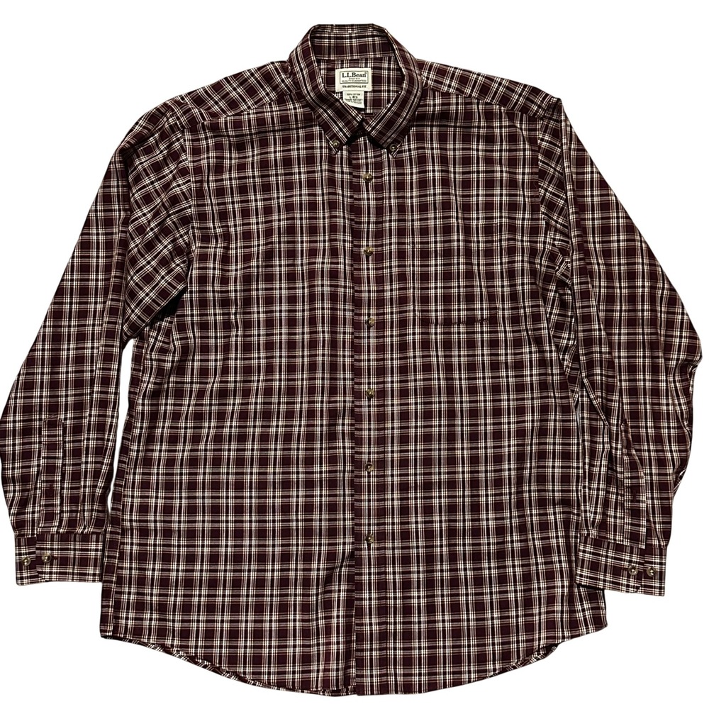 LL Bean Mens Large Traditional Fit Plaid Button Down Shirt Burgundy 503307